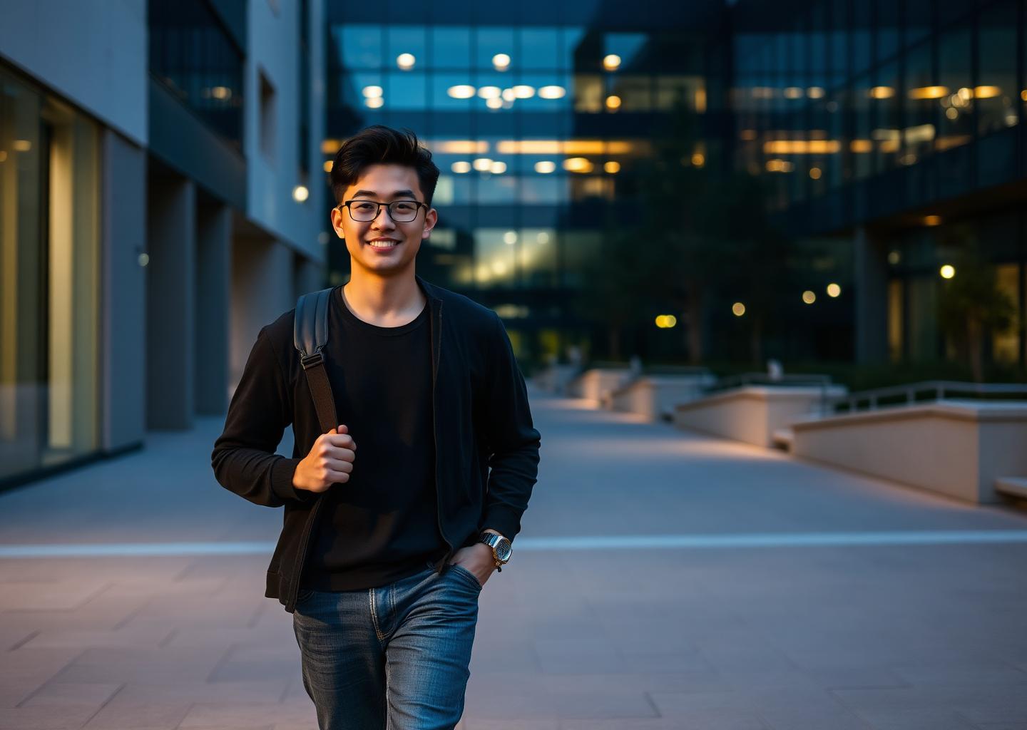 Student walking through a university campus at dusk